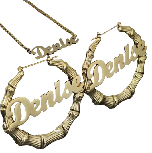 Custom Name Bamboo Earrings and Necklace Set