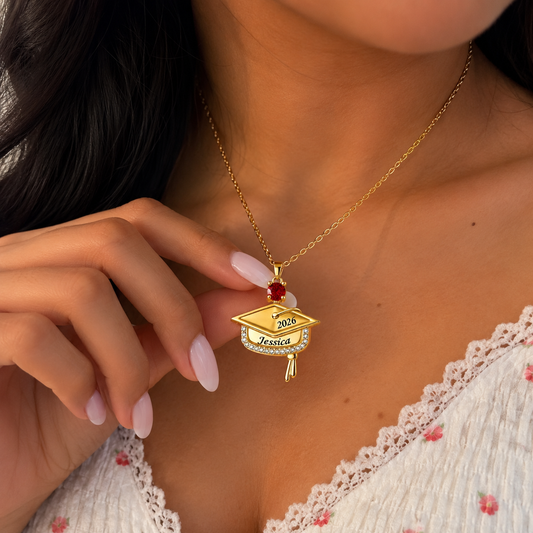Custom Graduation Cap Name Necklace with Birthstone – Class of Senior Pendant