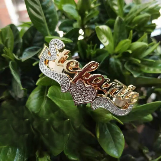 Custom name double plate bangle bracelet with a sleek, personalized design, Queendom Treasurez.