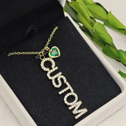 Vertical crystal custom name birthstone necklace with personalized engraving and sparkling birthstone – Queendom Treasurez.