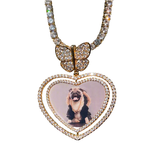 Iced Out Rotating Heart & Butterfly Bail Photo Medallion Necklace