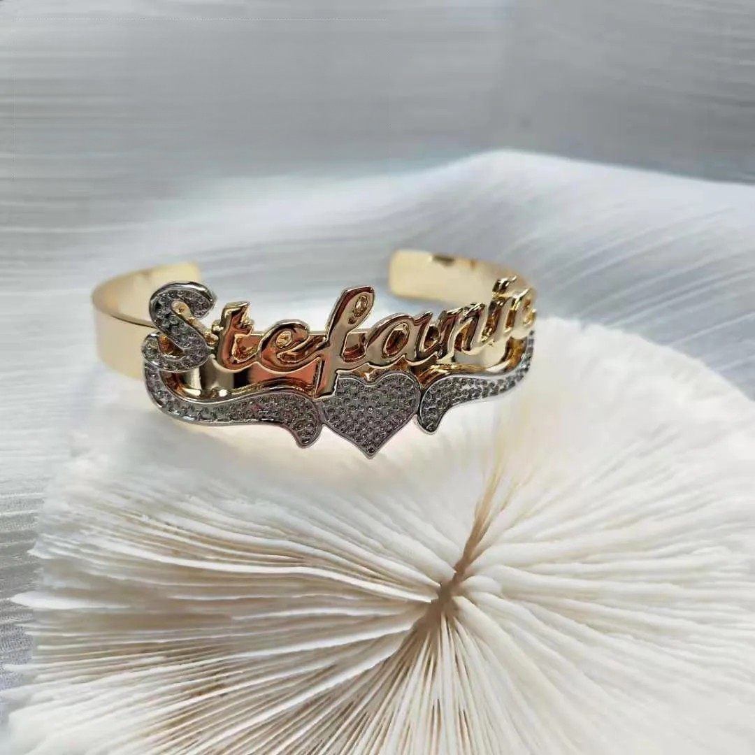 Custom name double plate bangle bracelet with a sleek, personalized design, Queendom Treasurez.