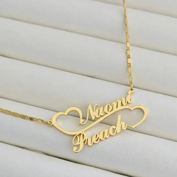 Double Heart Linked Custom Nameplate Necklace