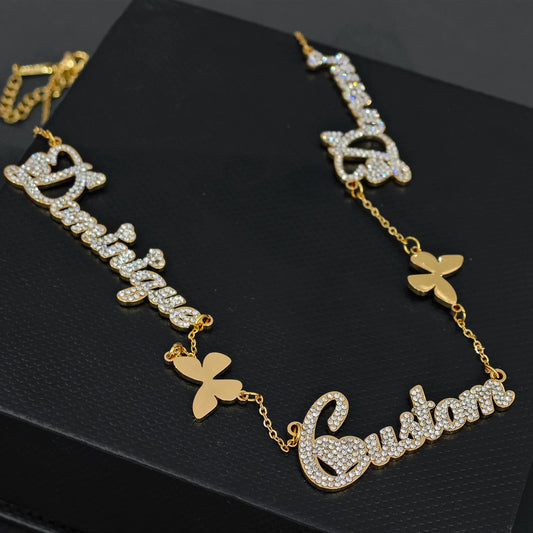 Crystal custom multi-name necklace with butterfly charm, high-quality and affordable, from Queendom Treasurez