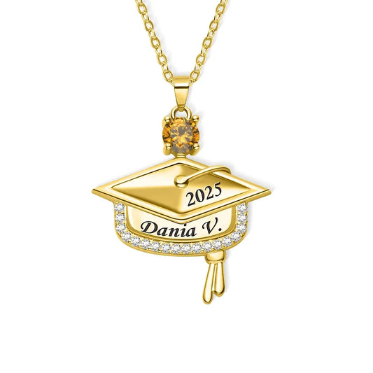 Gold graduation cap pendant necklace with graduation year and custom name