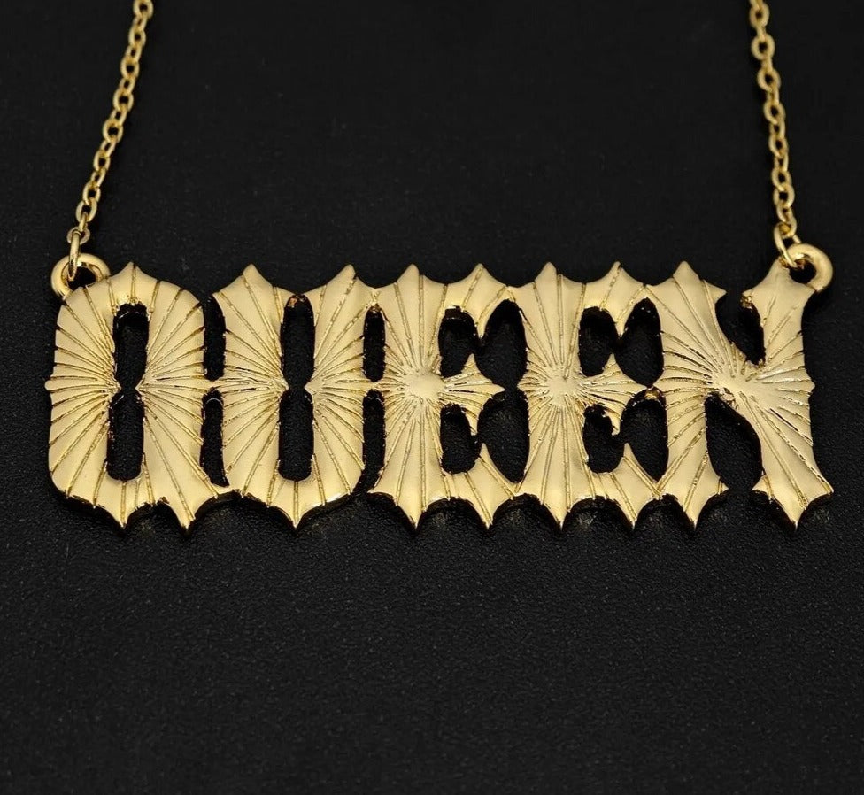 Antique English Custom Name Necklace with classic, vintage-inspired lettering—Queendom Treasurez.
