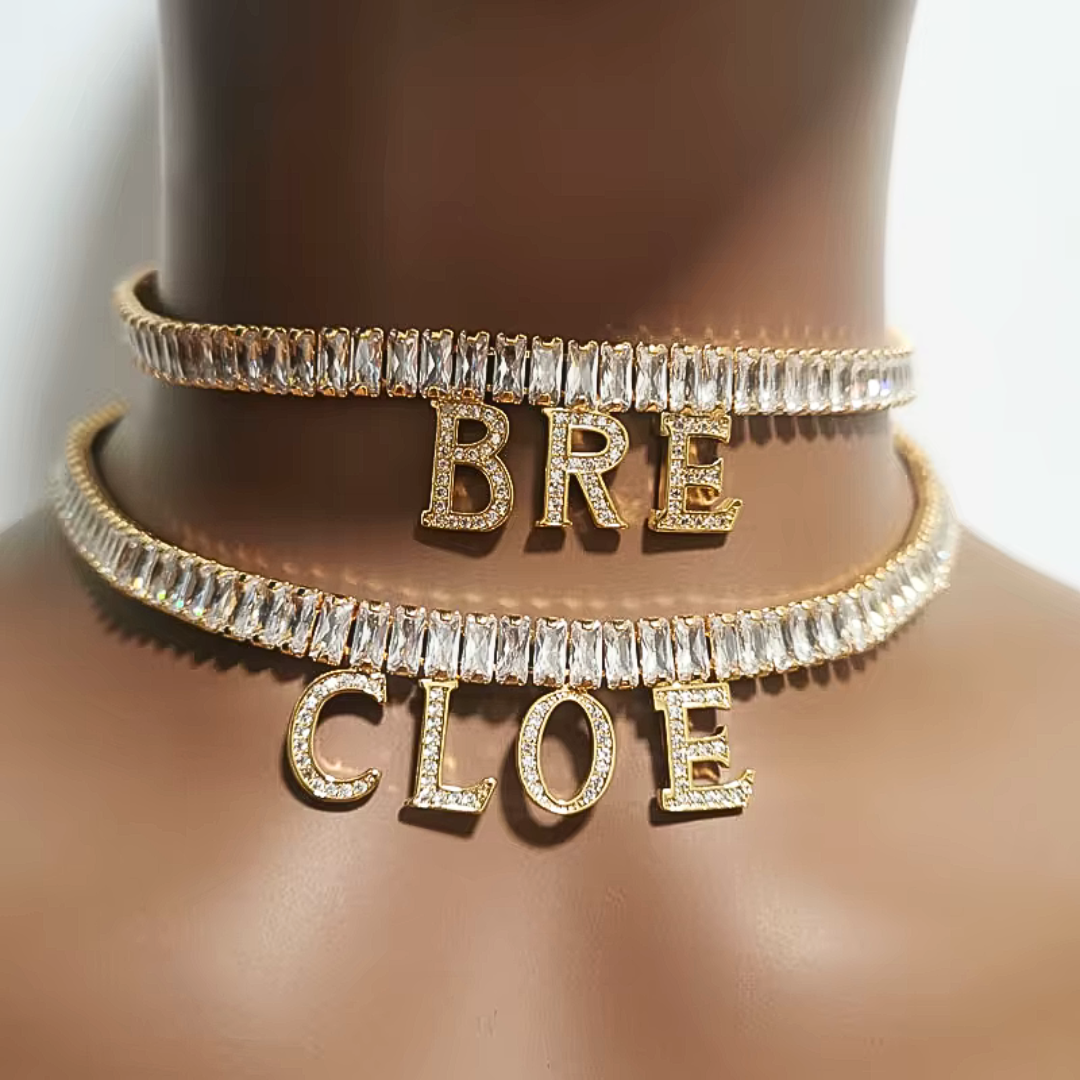 Iced Custom Name Dangle Letter Baguette Necklace