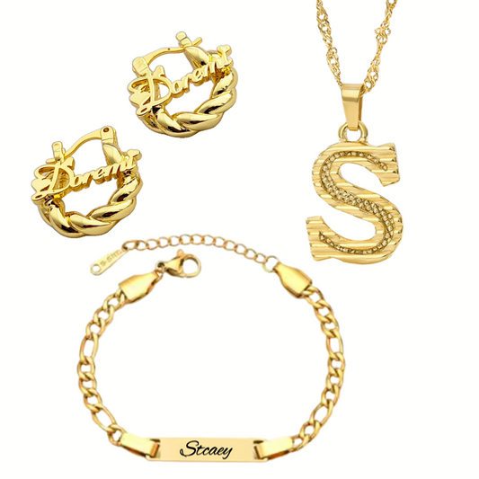 Children's Custom Initial Letter Necklace, Earring, & Bracelet Set