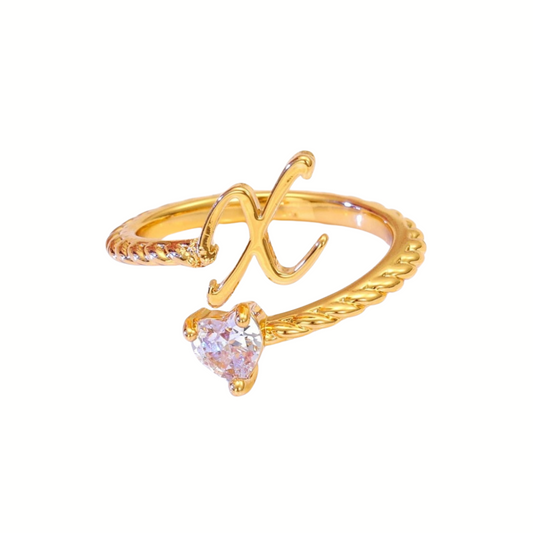 Custom Initial Letter Ring w/ Crystal Heart