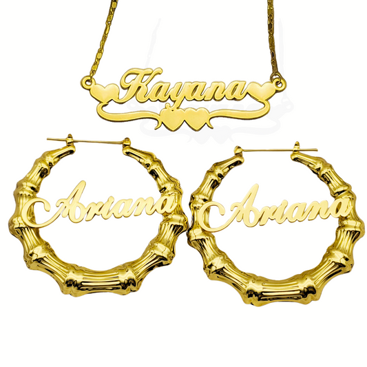 Custom Name Bamboo Earrings & Necklace Set