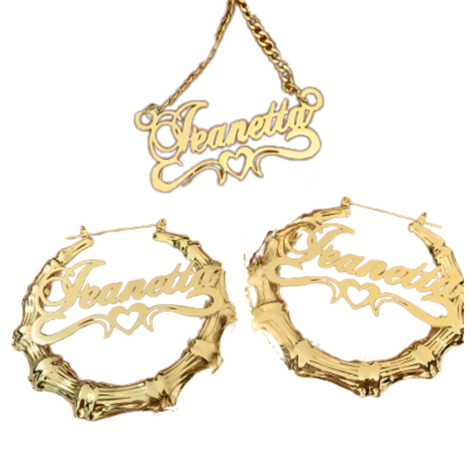 Custom Name Heart Necklace & Bamboo Earring Set