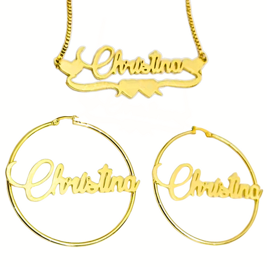 Juego de aretes con nombre personalizado y collar con corazón