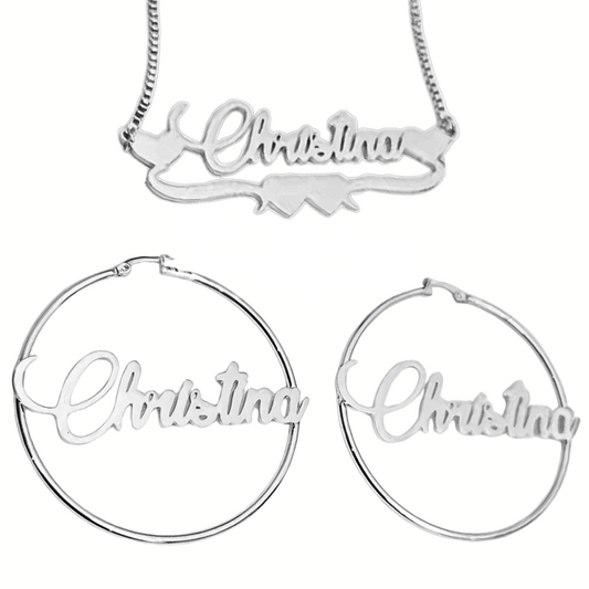 Custom Name Earrings & Heart Necklace Set