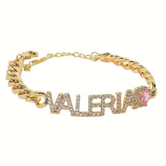 Crystal Custom Name Cuban Bracelet w/ Birthstone Heart