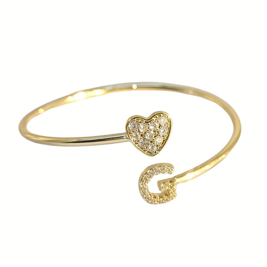 Custom Initial Letter Heart Cuff Bangle Bracelet