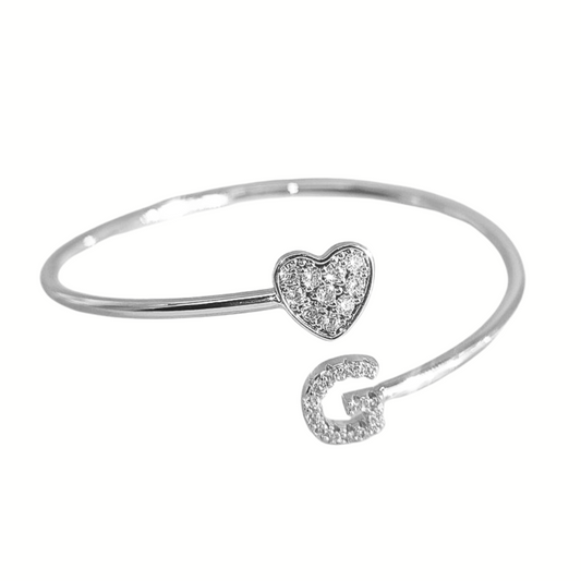 Custom Initial Letter Heart Cuff Bangle Bracelet