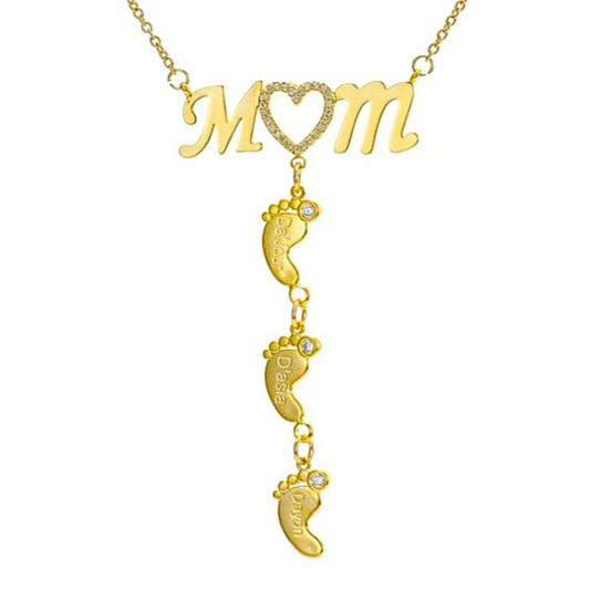 MOM Crystal Heart And Baby Feet Custom Name Necklace