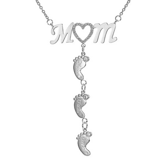 MOM Crystal Heart And Baby Feet Custom Name Necklace