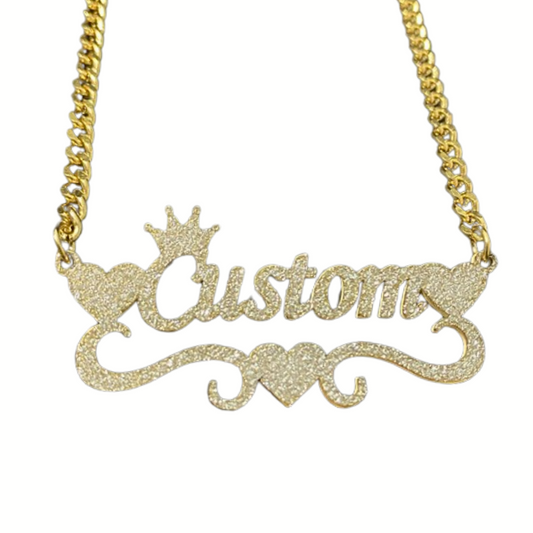 Glitter Bling Custom Crown Name Necklace With 3mm Cuban Chain