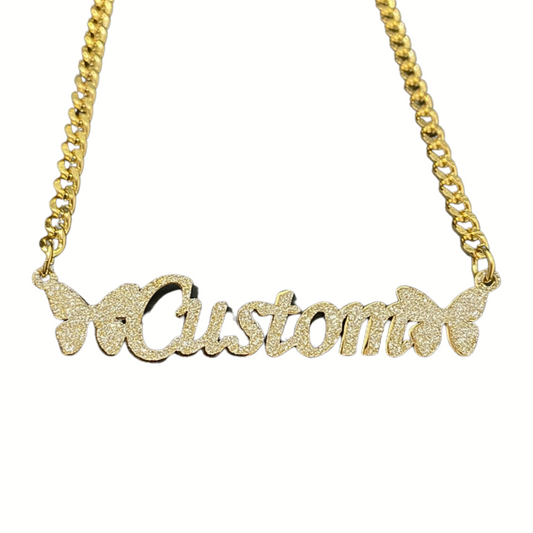 Glitter Bling Custom Butterfly Name Necklace With 3mm Cuban Chain