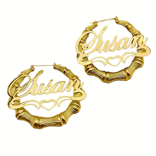 Custom Heart Name Bamboo Earrings