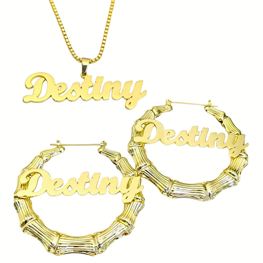 Custom Name Bamboo Hoop Earrings & Necklace Set