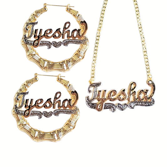Juego de aretes y collar de bambú con nombre personalizado de 24 quilates