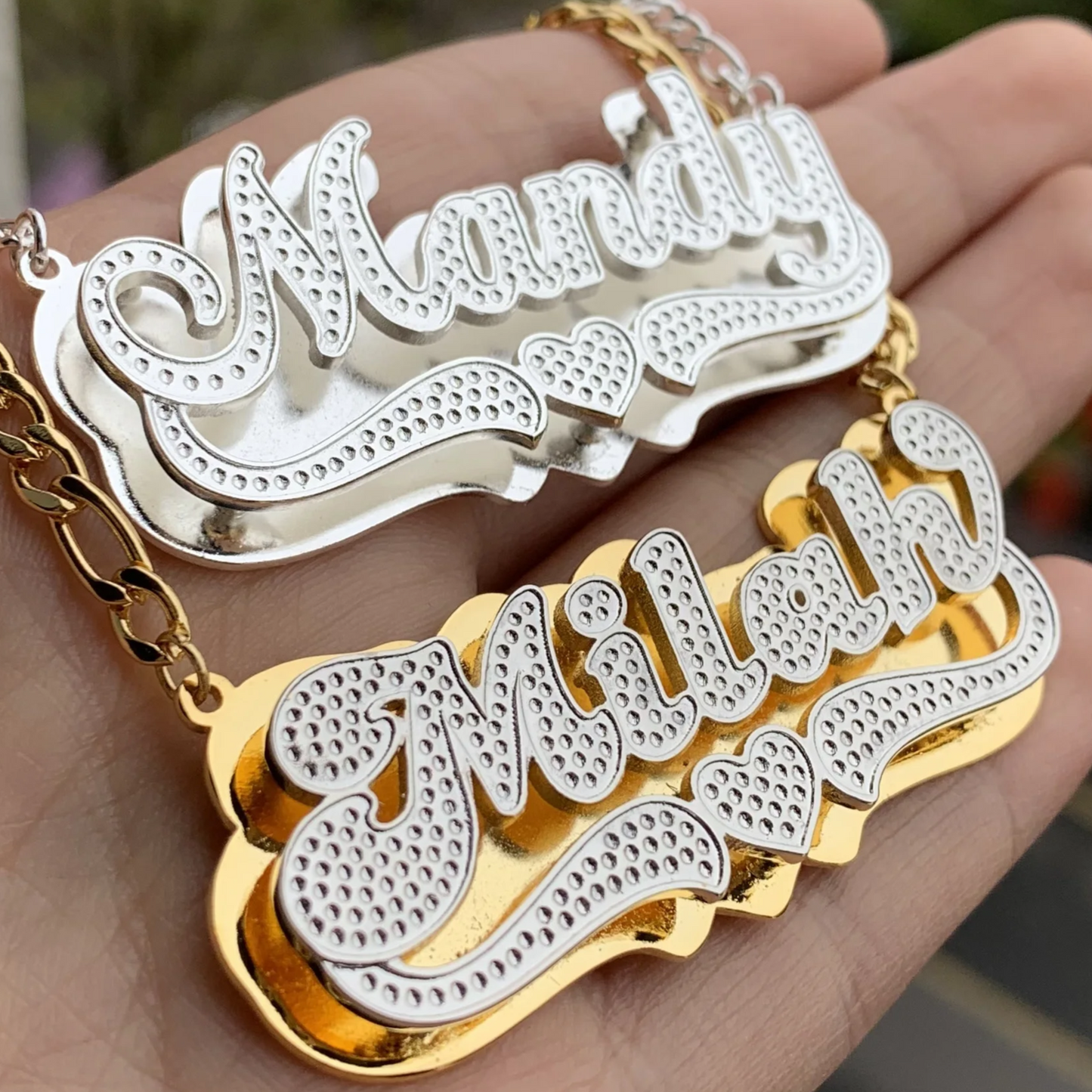 3D Double Plated Custom Nameplate Necklace with personalized engraving, elegant and affordable—Queendom Treasurez.