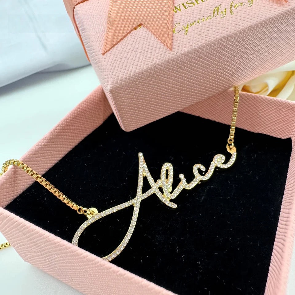Custom name script necklace with crystal detailing, blending personalization and sophistication effortlessly - Queendom Treasurez