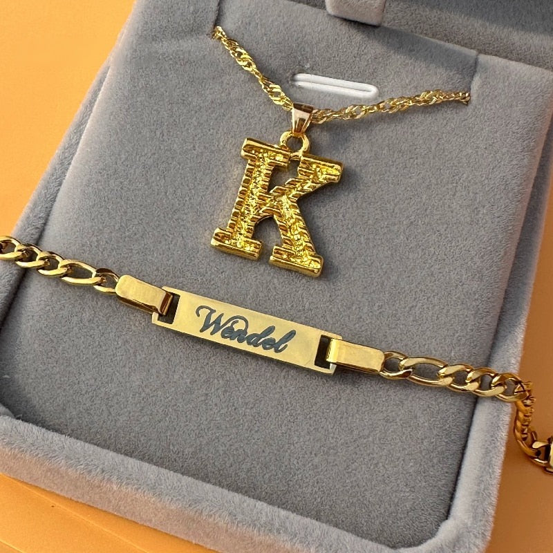 Children's custom initial letter necklace, earring, and bracelet set, high-quality and affordable, from Queendom Treasurez