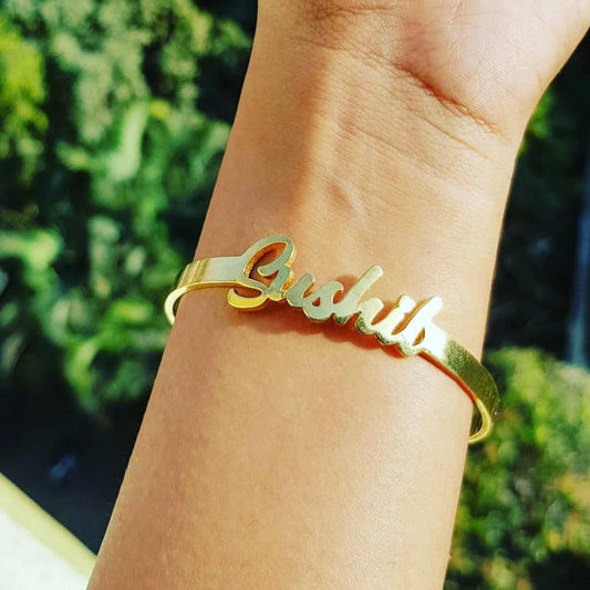 Custom name bangle bracelet in gold with personalized design, Queendom Treasurez.