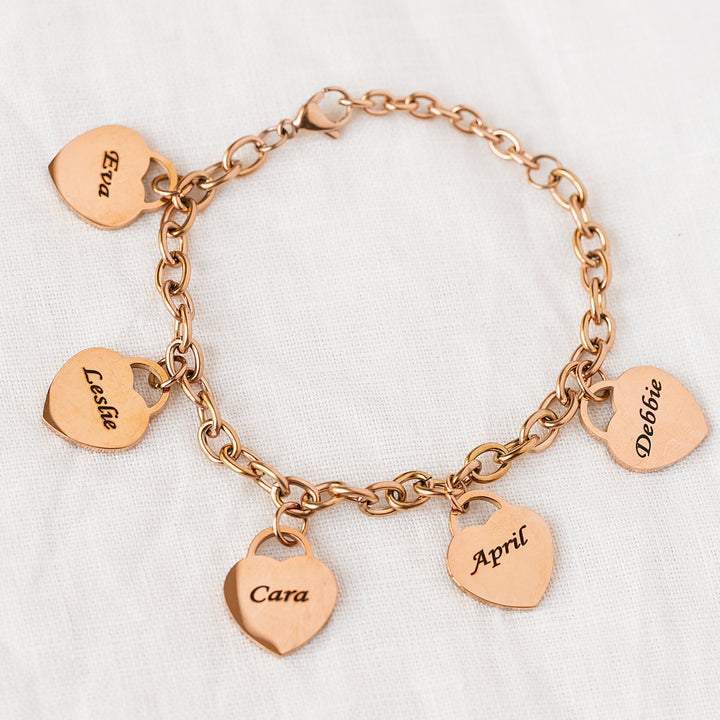 Custom name heart charm bracelet with personalized design, silver and gold finish – Queendom Treasurez.