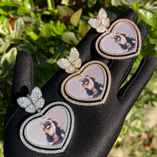 Iced Out Rotating Heart & Butterfly Bail Photo Medallion Necklace - Queendom Treasurez