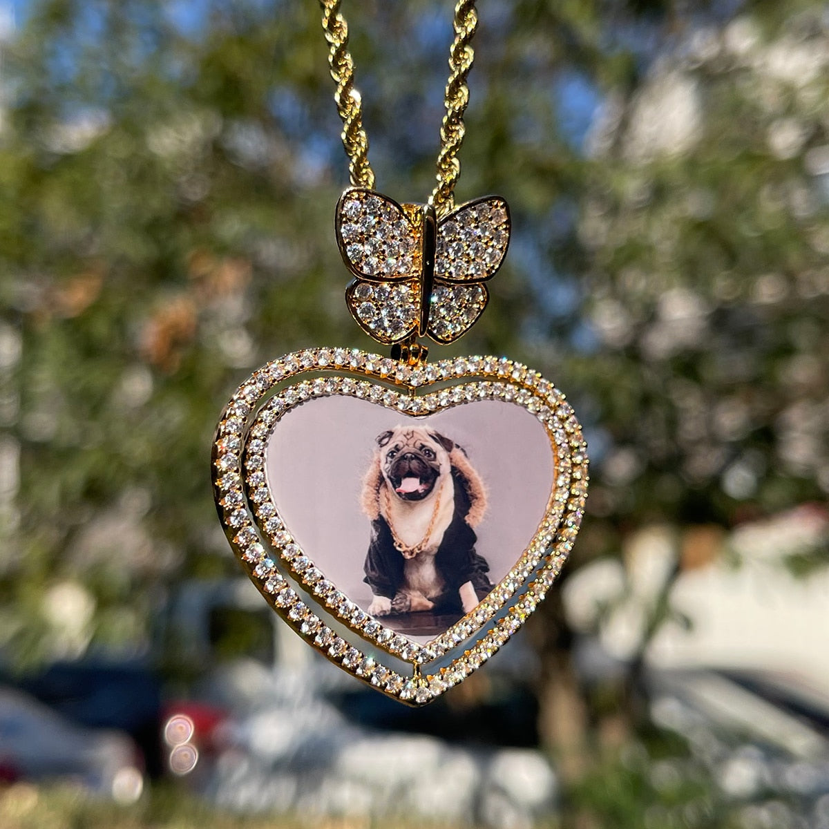 Iced Out Rotating Heart & Butterfly Bail Photo Medallion Necklace - Queendom Treasurez