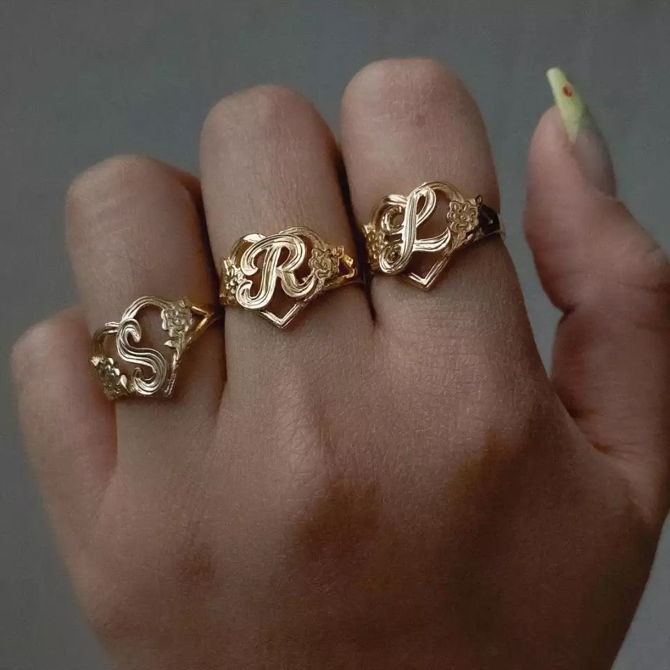 Custom 3D cut initial letter heart ring with a distinctive design, offering a personalized and elegant touch - Queendom Treasurez