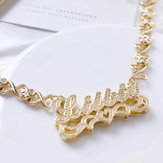 Double-plated custom name XOXO chain necklace with personalized engraving, gold or silver finish – Queendom Treasurez.