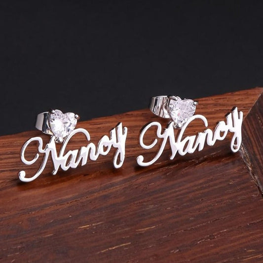 Custom name birthstone stud earrings with personalized detail and colorful stones, Queendom Treasurez.