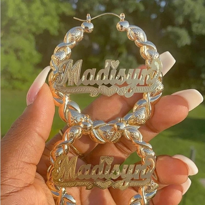 XOXO custom bamboo hoop earrings with personalized engraving and trendy design – Queendom Treasurez.