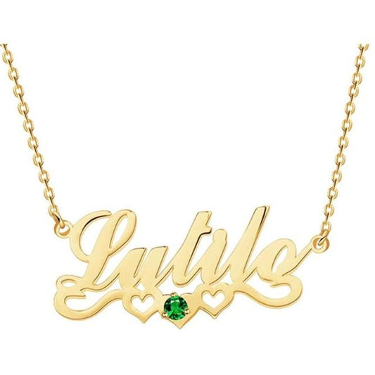 Custom Birthstone Hearts Name Necklace, blending personal charm and elegance, by Queendom Treasurez.