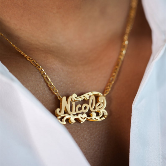 Custom double-plated nameplate necklace with personalized engraving in two elegant tones – Queendom Treasurez.