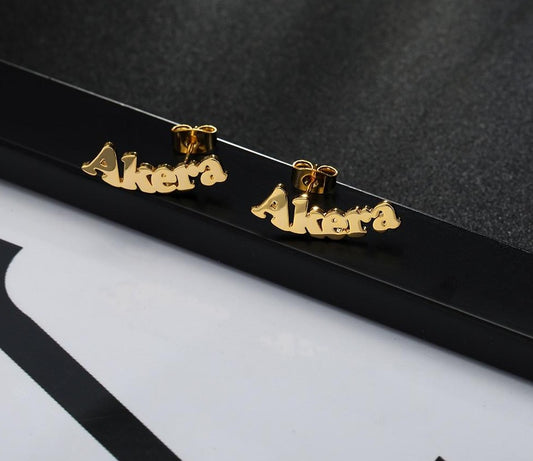 18K gold custom name stud earrings, showcasing personalized lettering in a sleek and durable design, perfect for everyday wear.