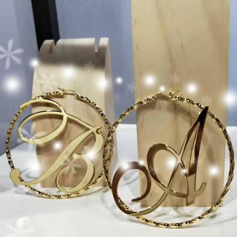 Custom name letter hoop earrings with personalized letter engraving, gold or silver finish – Queendom Treasurez.