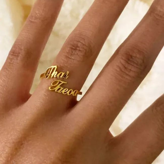 Custom two-name ring with personalized name engraving, adjustable design in gold or silver – Queendom Treasurez.