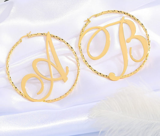 Custom name letter hoop earrings with personalized letter engraving, gold or silver finish – Queendom Treasurez.