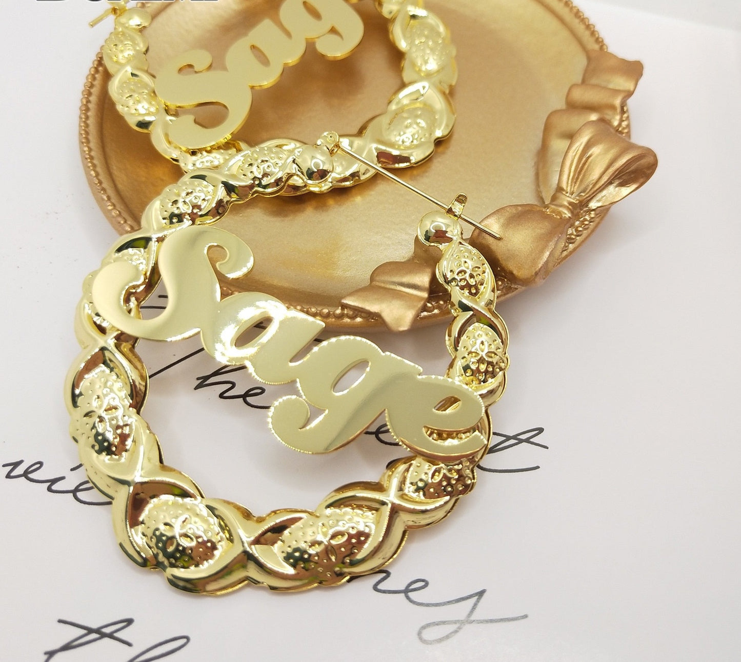 XOXO custom name bamboo hoop earrings with personalized engraving and chic design – Queendom Treasurez.