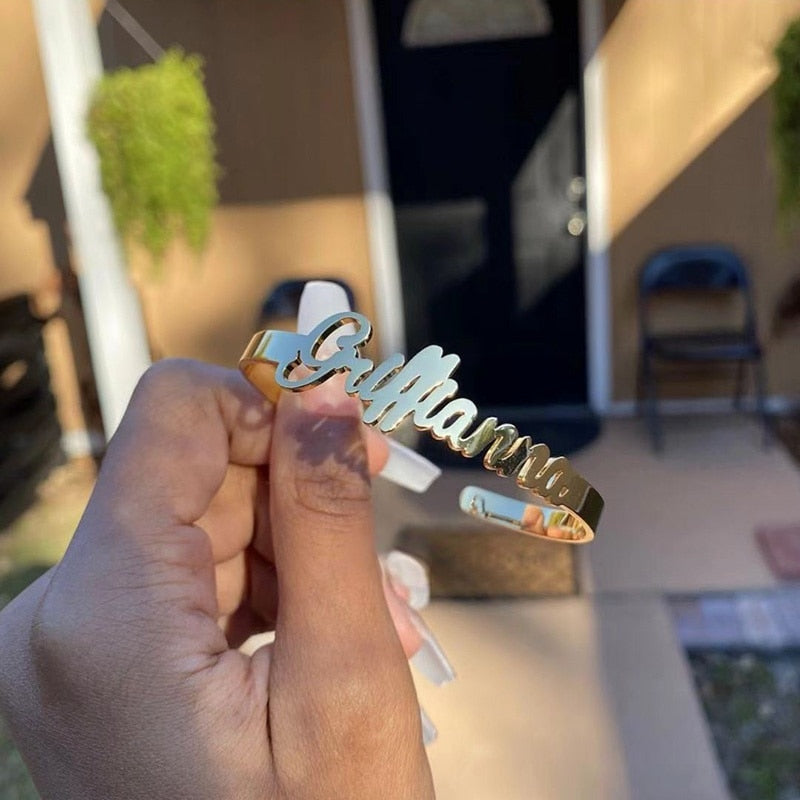 Custom name bangle bracelet in gold with personalized design, Queendom Treasurez.