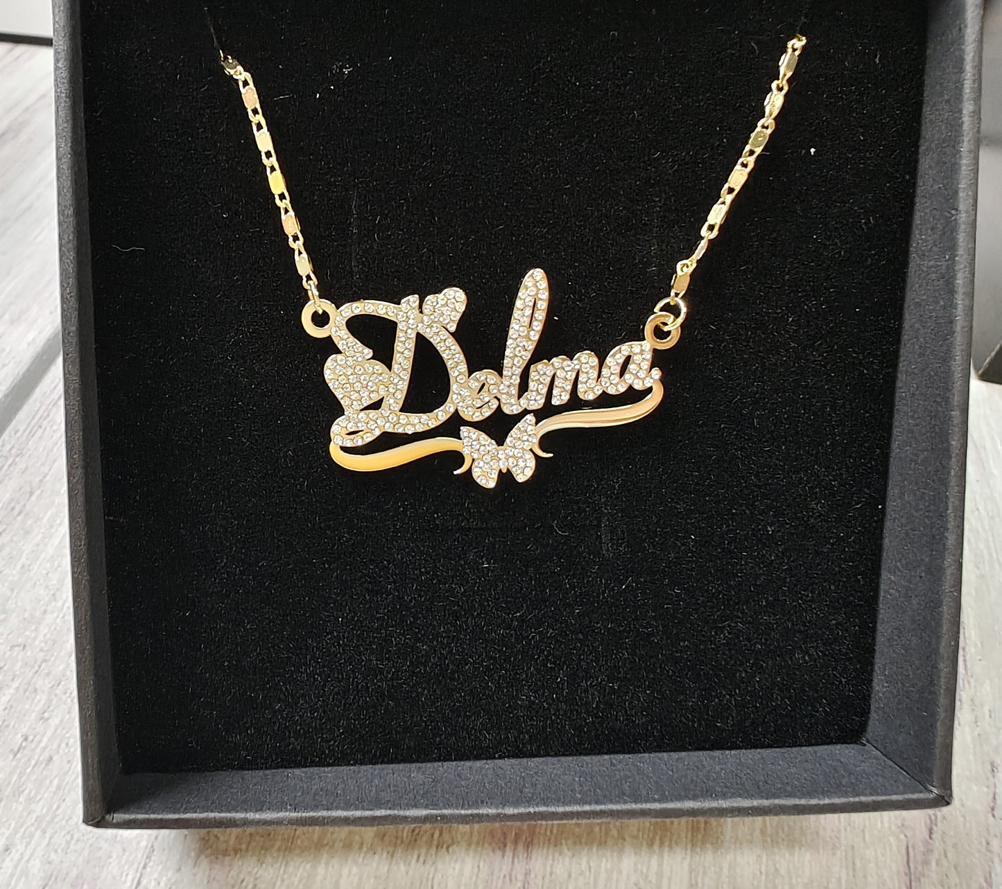 Crystal custom name butterfly necklace, high-quality and affordable, from Queendom Treasurez