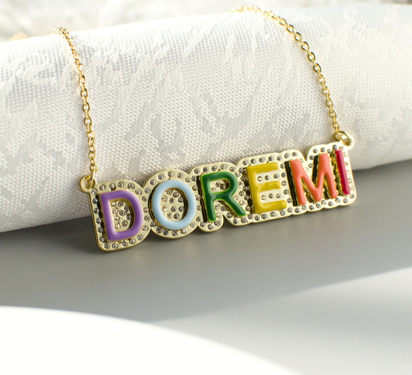 Colorful enamel custom name necklace, high-quality and affordable, from Queendom Treasurez