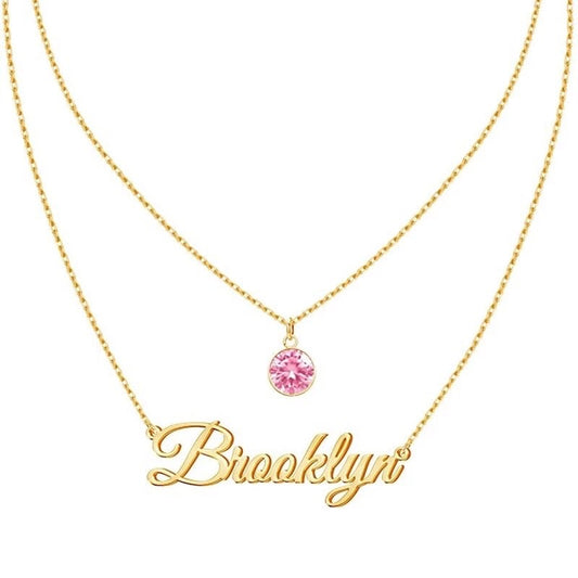 Layered birthstone custom name necklace with personalized engraving and birthstone charm – Queendom Treasurez.