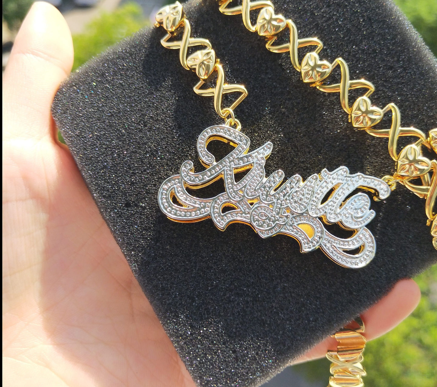 Double-plated custom name XOXO chain necklace with personalized engraving, gold or silver finish โ Queendom Treasurez.